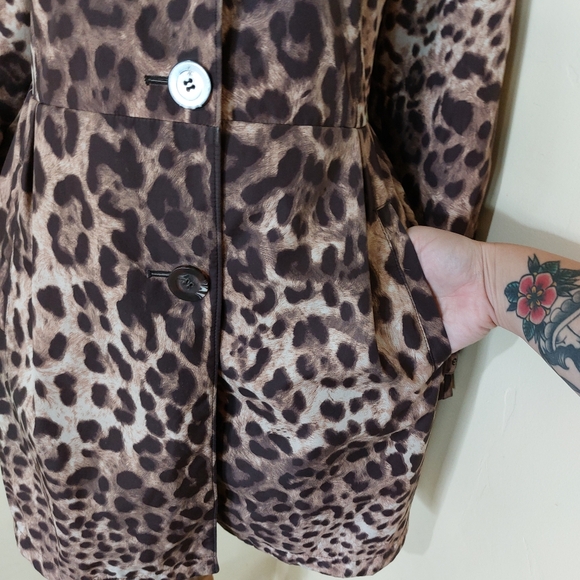 Vintage Dennis Basso Leopard Print Collared Longline Trench Coat Size Small - Picture 4 of 15